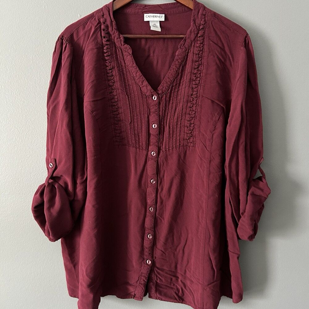 Catherines Top Size 2X Button Up Lightweight Casual Roll Tab Sleeve Tunic Womens
